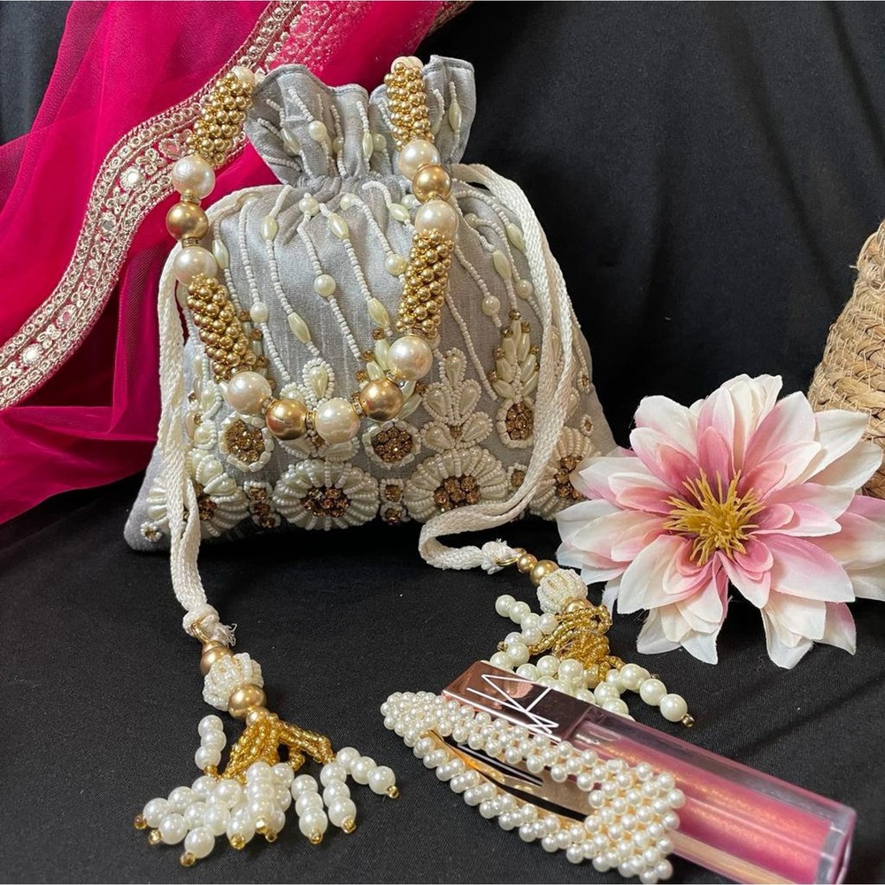 NWT Silver beaded bridal potli clutch zardozi embroidered purse for bridal purse